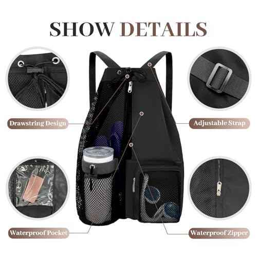 YUHAN PRETTY Beach Backpack with Wet Pocket Drawstring Mesh Beach Bag Waterproof Swimming Pool Backpack for Men and WomenBlack - Image 3
