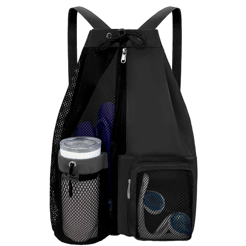 YUHAN PRETTY Beach Backpack with Wet Pocket Drawstring Mesh Beach Bag Waterproof Swimming Pool Backpack for Men and WomenBlack - Image 2