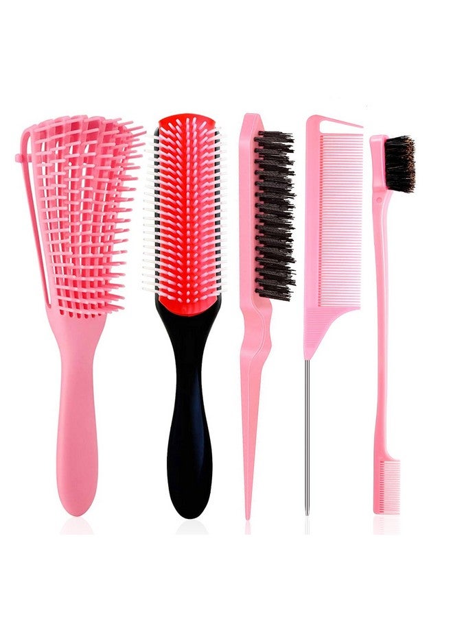 ويكسنيكوز مجموعة 5 قطع من فرش فك التشابك، فرشاة شامبو ذات شعيرات نايلون، فرشاة ذات حافة مزدوجة، فرشاة تصفيف مشط باللون الوردي - Image 1