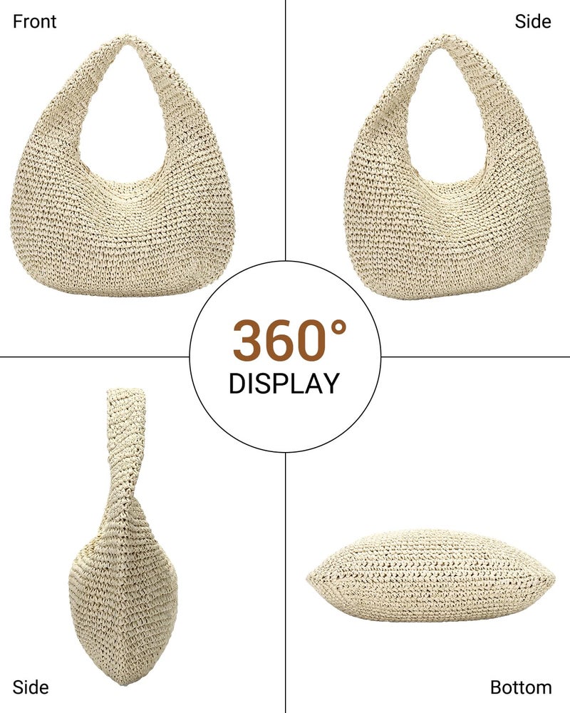 Herald Handmade Crescent Straw Bag for Women, Summer Beach Hobo Raffia Woven Underarm Shoulder Handbag Purse Tote (Beige) - Image 4
