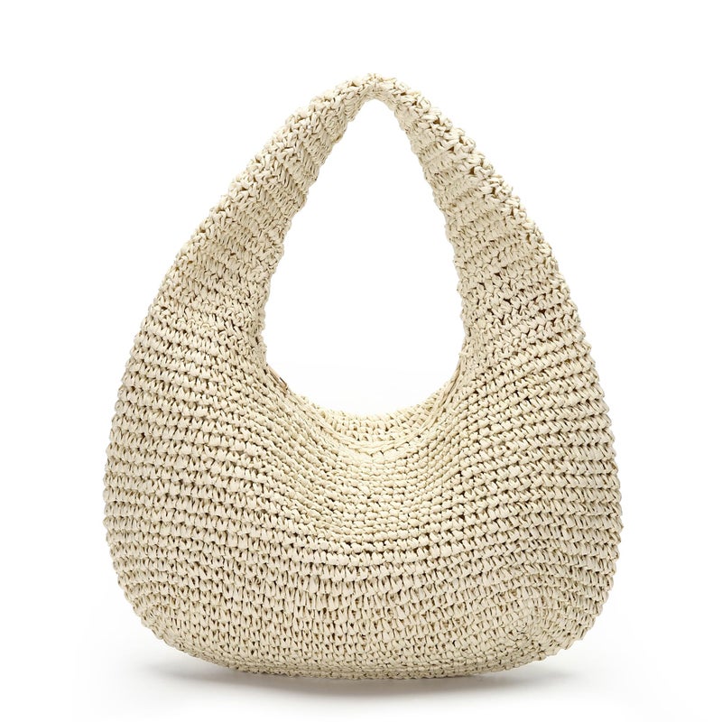 Herald Handmade Crescent Straw Bag for Women, Summer Beach Hobo Raffia Woven Underarm Shoulder Handbag Purse Tote (Beige) - Image 1