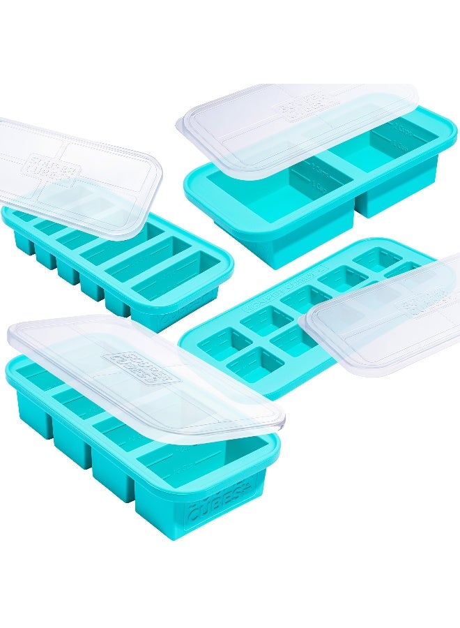 Souper Cubes Silicone Freezer Molds Gift Set with 2 Tbsp, 1/2, 1, and 2 Cup Silicone Freezer Trays With Lids - Meal Prep and Kitchen Essentials Bundle - Aqua - Image 1