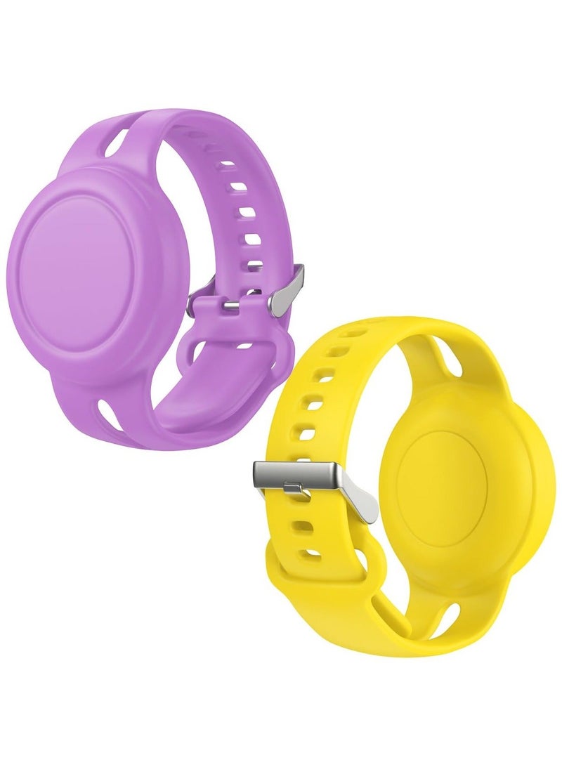 Captaintech 2 Pack Airtag Bracelet for Kids Waterproof Silicone Wristband Full Case Cover for Airtag Holder Anti Lost Band Hidden Accessories for Toddler Child Tracker Strap Purple and Yellow - Image 1