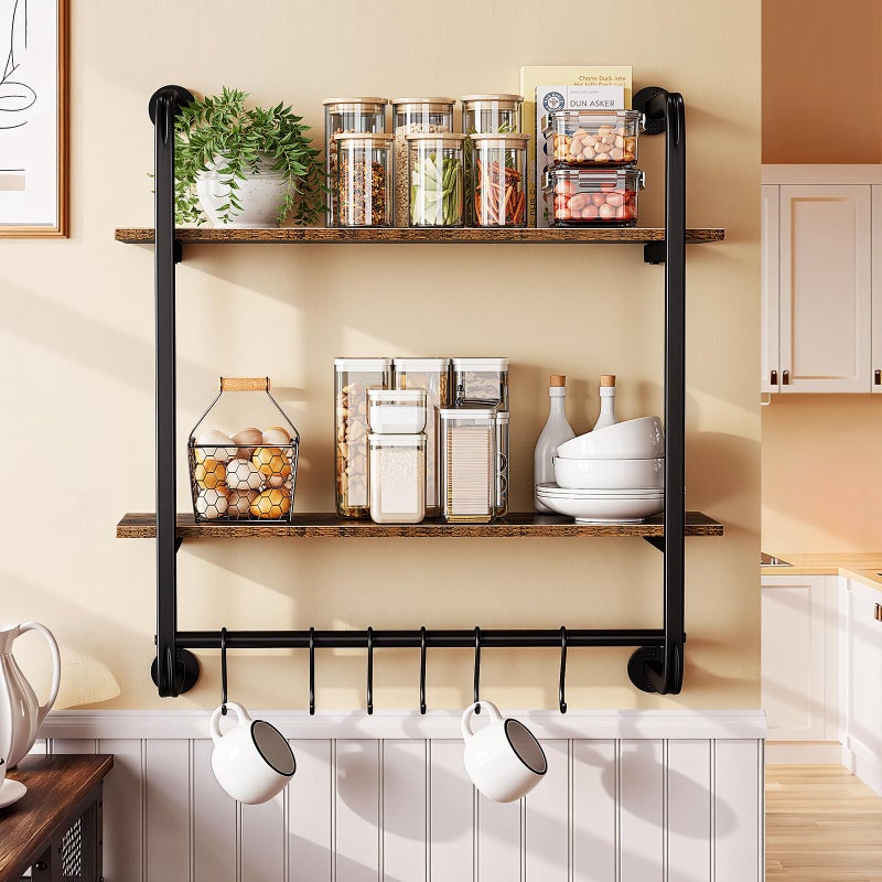 Kssiaz 2 Tier Industrial Pipe Shelving, 24" Kitchen Shelves Wall Mounted with 6 Hooks, Coffee Bar Shelves Display Bookshelf Wall Shelf for Bedroom, Bathroom, Home DÃ©cor, Rustic Brown - Image 1