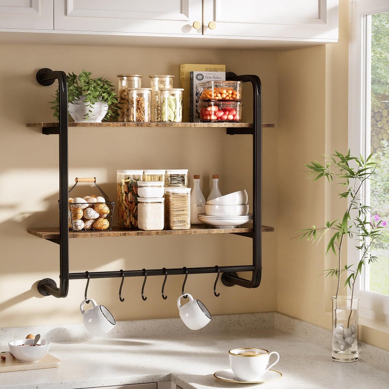 Kssiaz 2 Tier Industrial Pipe Shelving, 24" Kitchen Shelves Wall Mounted with 6 Hooks, Coffee Bar Shelves Display Bookshelf Wall Shelf for Bedroom, Bathroom, Home DÃ©cor, Rustic Brown - Image 4