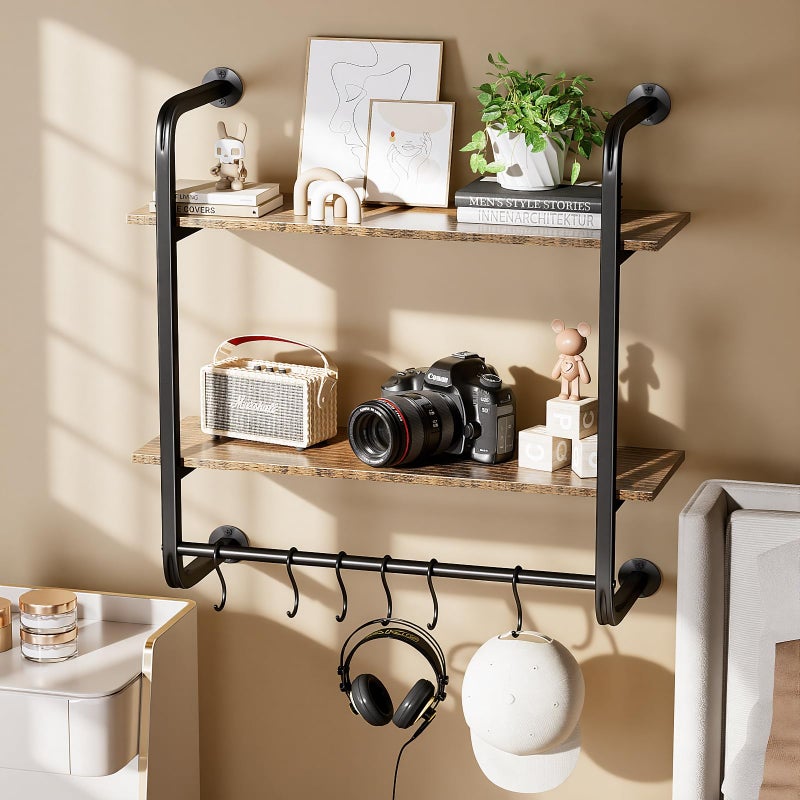 Kssiaz 2 Tier Industrial Pipe Shelving, 24" Kitchen Shelves Wall Mounted with 6 Hooks, Coffee Bar Shelves Display Bookshelf Wall Shelf for Bedroom, Bathroom, Home DÃ©cor, Rustic Brown - Image 5