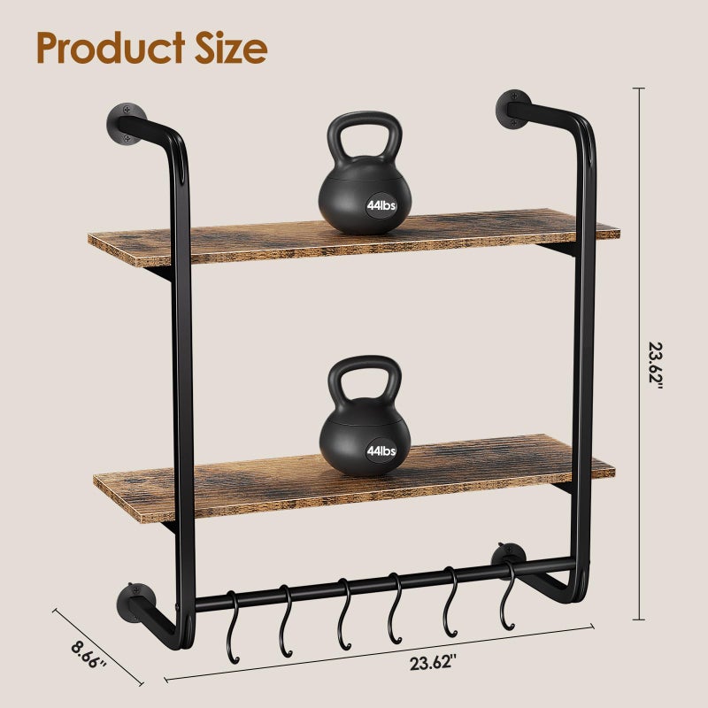 Kssiaz 2 Tier Industrial Pipe Shelving, 24" Kitchen Shelves Wall Mounted with 6 Hooks, Coffee Bar Shelves Display Bookshelf Wall Shelf for Bedroom, Bathroom, Home DÃ©cor, Rustic Brown - Image 3