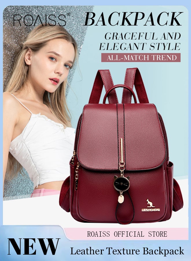 roaiss Women Leather Backpack with Cowhide Pattern Creative Cat Decoration Fashionable Travel Bag Short Distance Luggage Bag - Image 1