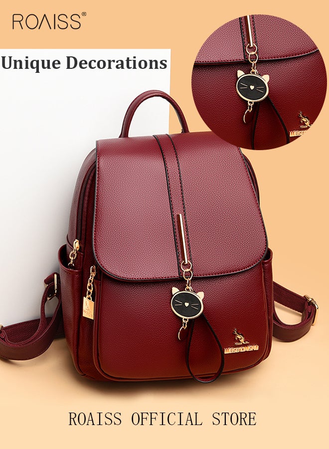 roaiss Women Leather Backpack with Cowhide Pattern Creative Cat Decoration Fashionable Travel Bag Short Distance Luggage Bag - Image 5