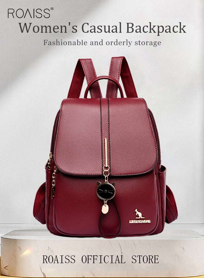 roaiss Women Leather Backpack with Cowhide Pattern Creative Cat Decoration Fashionable Travel Bag Short Distance Luggage Bag - Image 2