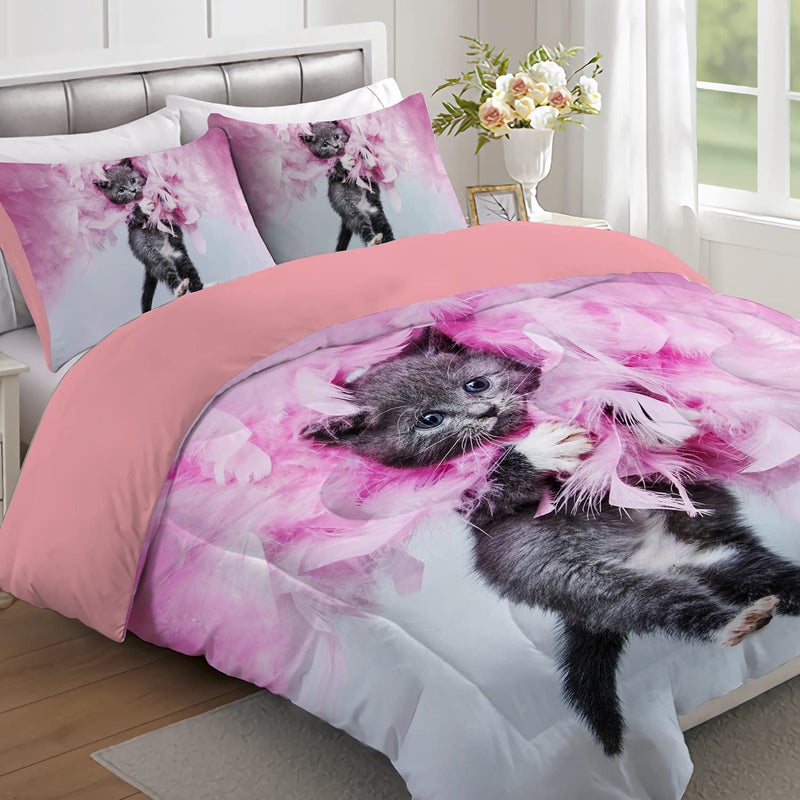 Yasida Twin Cat Bedding Set  Pink Feathers Black Cat 3Pcs 1 Comforter  2 Pillowcases Kids Animal Pets Comforter Set