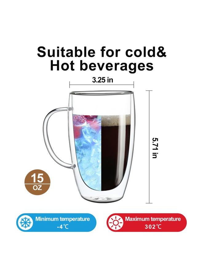 Aurzen 2 Pack Double Walled Glass Coffee Mugs with Handles, Large Insulated Layer Coffee Cups, Clear Borosilicate Mugs, Perfect for Cappuccino, Tea, Microwave Safe (15oz-2Pack) - Image 2