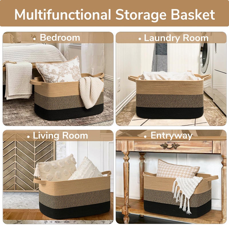 Goodpick سلة بطانية من جودبيك، 21.6" × 14.9" × 11.8" سلة غسيل من الخوص للملابس، سلال تخزين لتنظيم، سلال كبيرة مستطيلة من الحبل للتخزين، جوت أسود - Image 4