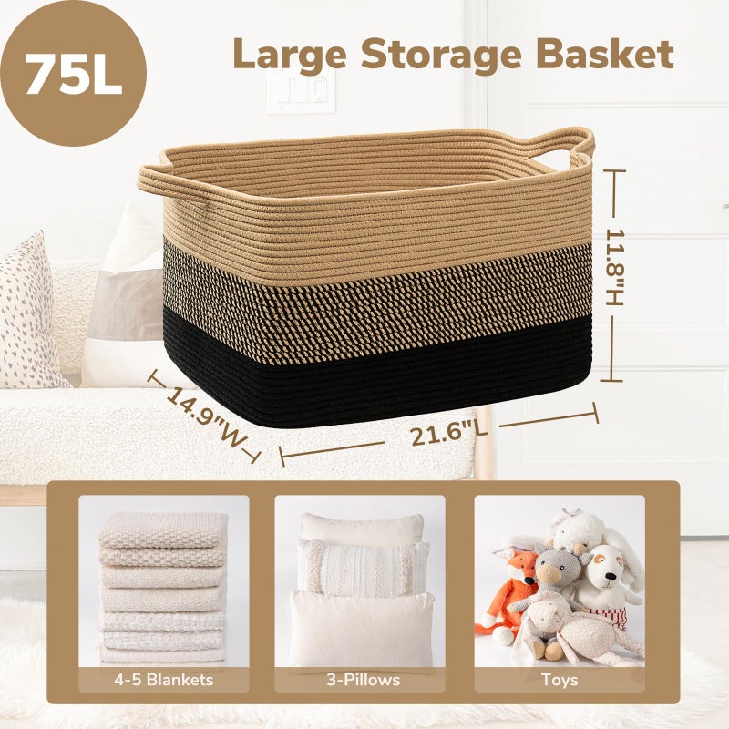 Goodpick سلة بطانية من جودبيك، 21.6" × 14.9" × 11.8" سلة غسيل من الخوص للملابس، سلال تخزين لتنظيم، سلال كبيرة مستطيلة من الحبل للتخزين، جوت أسود - Image 3