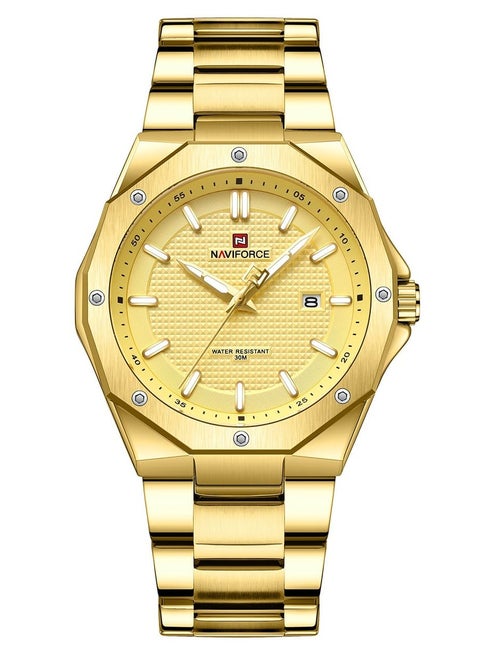 Stylish Mens Quartz Watch with Gold Dial Stainless Steel Strap Analog Display Water Resistant 30M Date Function Elegant and Durable Wristwatch