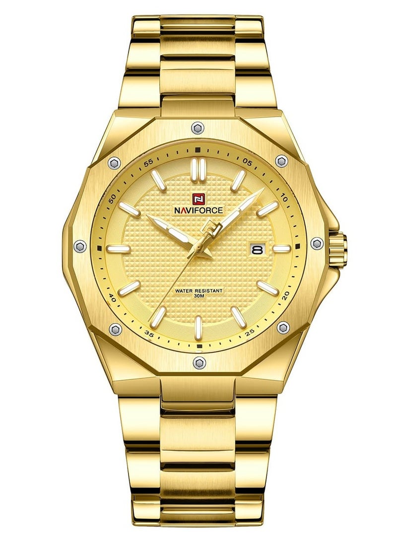Stylish Mens Quartz Watch with Gold Dial Stainless Steel Strap Analog Display Water Resistant 30M Date Function Elegant and Durable Wristwatch