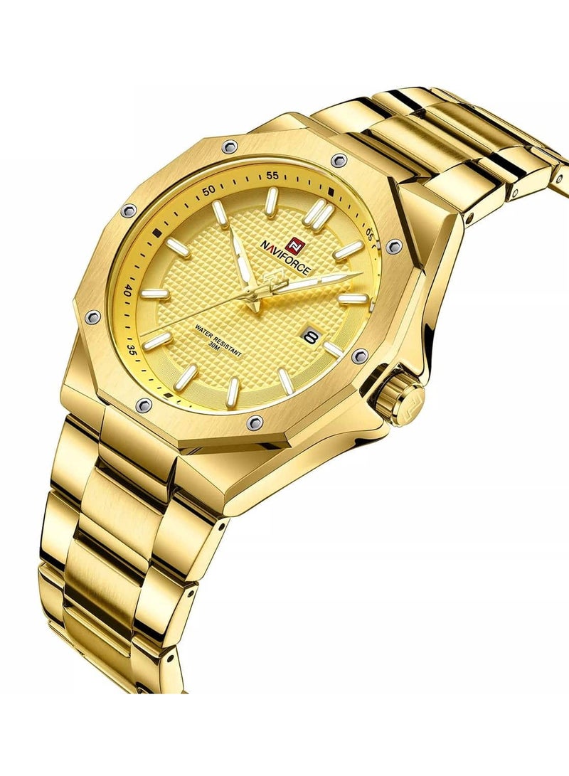 Stylish Mens Quartz Watch with Gold Dial Stainless Steel Strap Analog Display Water Resistant 30M Date Function Elegant and Durable Wristwatch
