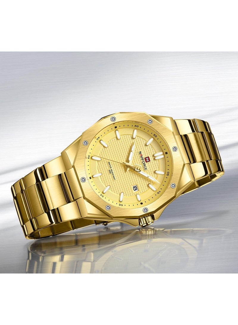 Stylish Mens Quartz Watch with Gold Dial Stainless Steel Strap Analog Display Water Resistant 30M Date Function Elegant and Durable Wristwatch