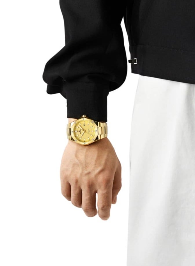 Stylish Mens Quartz Watch with Gold Dial Stainless Steel Strap Analog Display Water Resistant 30M Date Function Elegant and Durable Wristwatch