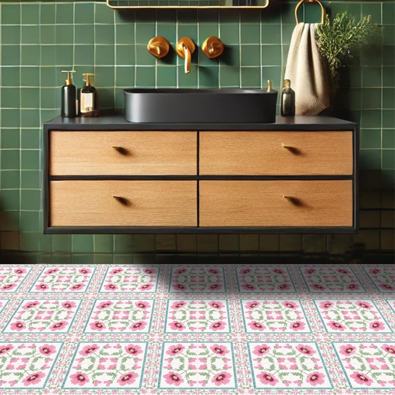 HOMETITUTE 10PCS 12x12 Inch Bold Pink Wildflower with Green Leaf Floor Tiles Peel and Stick Removable Self Adhesive DIY Vinyl Flooring Stickers for Kitchen Bathroom Living Room Entryway Home Decor - Image 5