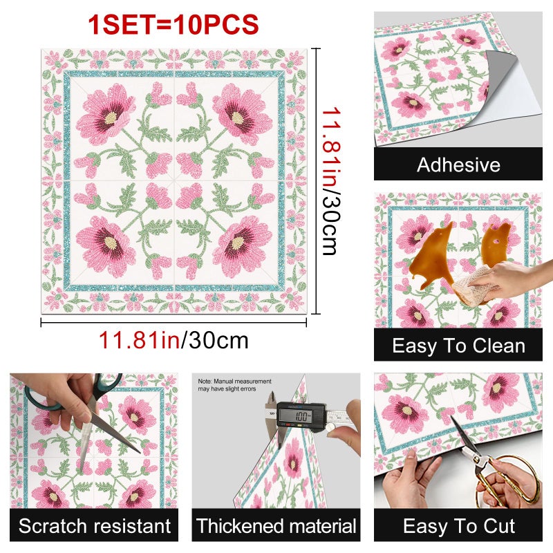 HOMETITUTE 10PCS 12x12 Inch Bold Pink Wildflower with Green Leaf Floor Tiles Peel and Stick Removable Self Adhesive DIY Vinyl Flooring Stickers for Kitchen Bathroom Living Room Entryway Home Decor - Image 3