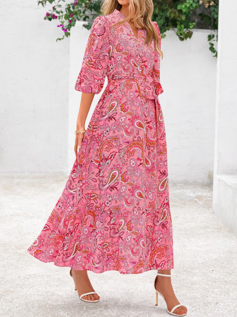 MASCOMODA Womens Floral Maxi Dresses Boho Summer Casual V Neck 3/4 Puff Sleeve Button Down Tie Waist Long Flowy Shirt Dress(Pink Floral,X-Large) - Image 3