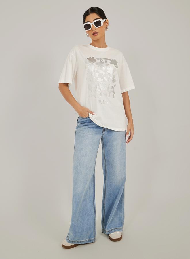 Styli Floral Foil Graphic Oversized Round Neck T-Shirt  - Image 1