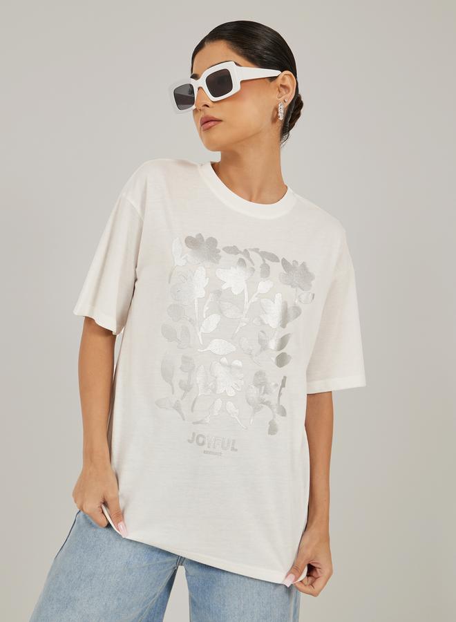 Styli Floral Foil Graphic Oversized Round Neck T-Shirt  - Image 2