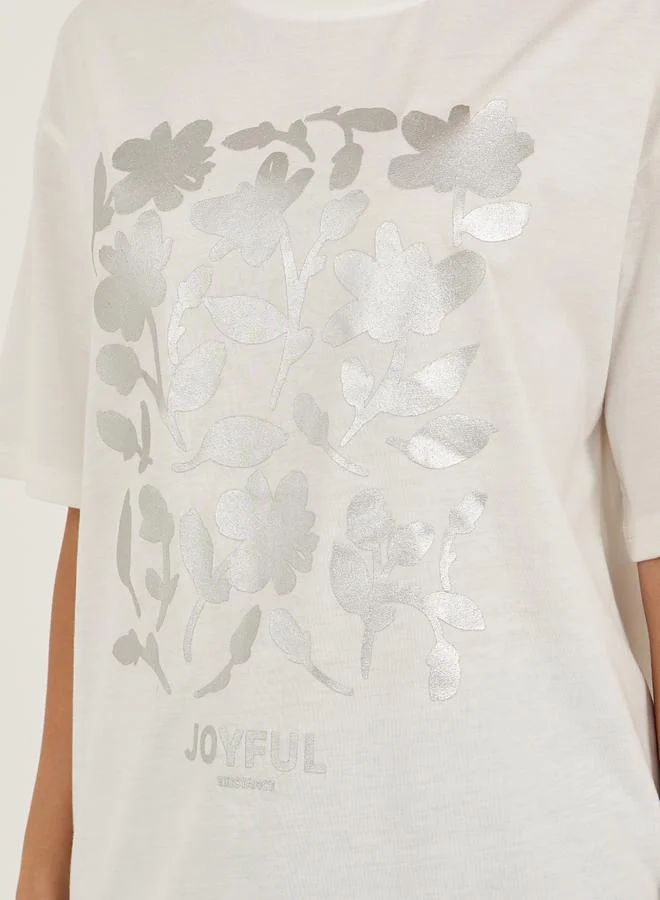Styli Styli Floral Foil Graphic Oversized Round Neck T-Shirt