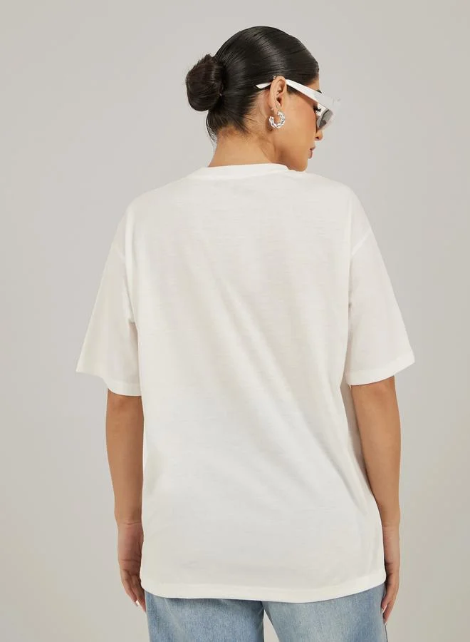 Styli Styli Floral Foil Graphic Oversized Round Neck T-Shirt