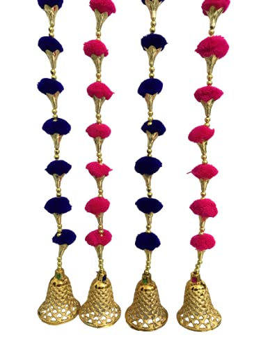 Aahum Handmade Wall Door DarkPink and BlueColor PomPom StringToranGolden BeadsTriangle FlowersHangingToransGarland Bandhwar Decoration Itemfor HomeDécor Diwali Festival,Navratri,Wedding(4FT 8 Strings) - Image 5