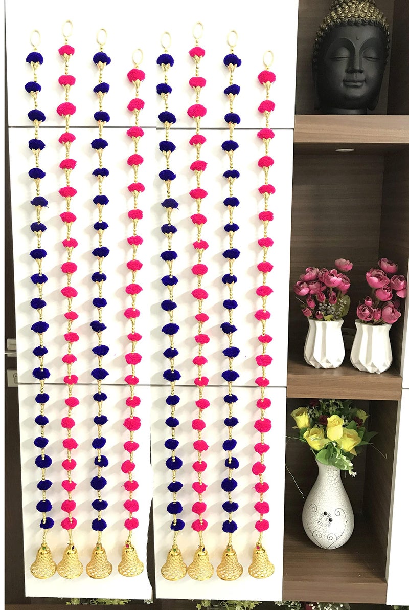 Aahum Handmade Wall Door DarkPink and BlueColor PomPom StringToranGolden BeadsTriangle FlowersHangingToransGarland Bandhwar Decoration Itemfor HomeDécor Diwali Festival,Navratri,Wedding(4FT 8 Strings) - Image 2