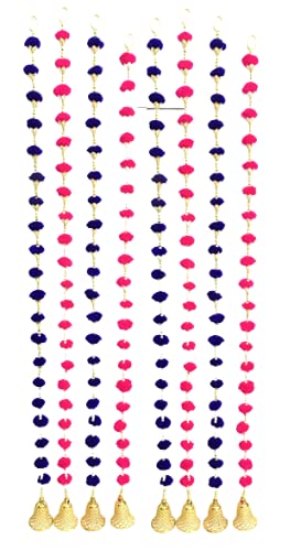 Aahum Handmade Wall Door DarkPink and BlueColor PomPom StringToranGolden BeadsTriangle FlowersHangingToransGarland Bandhwar Decoration Itemfor HomeDécor Diwali Festival,Navratri,Wedding(4FT 8 Strings) - Image 1