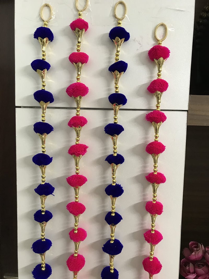 Aahum Handmade Wall Door DarkPink and BlueColor PomPom StringToranGolden BeadsTriangle FlowersHangingToransGarland Bandhwar Decoration Itemfor HomeDécor Diwali Festival,Navratri,Wedding(4FT 8 Strings) - Image 3