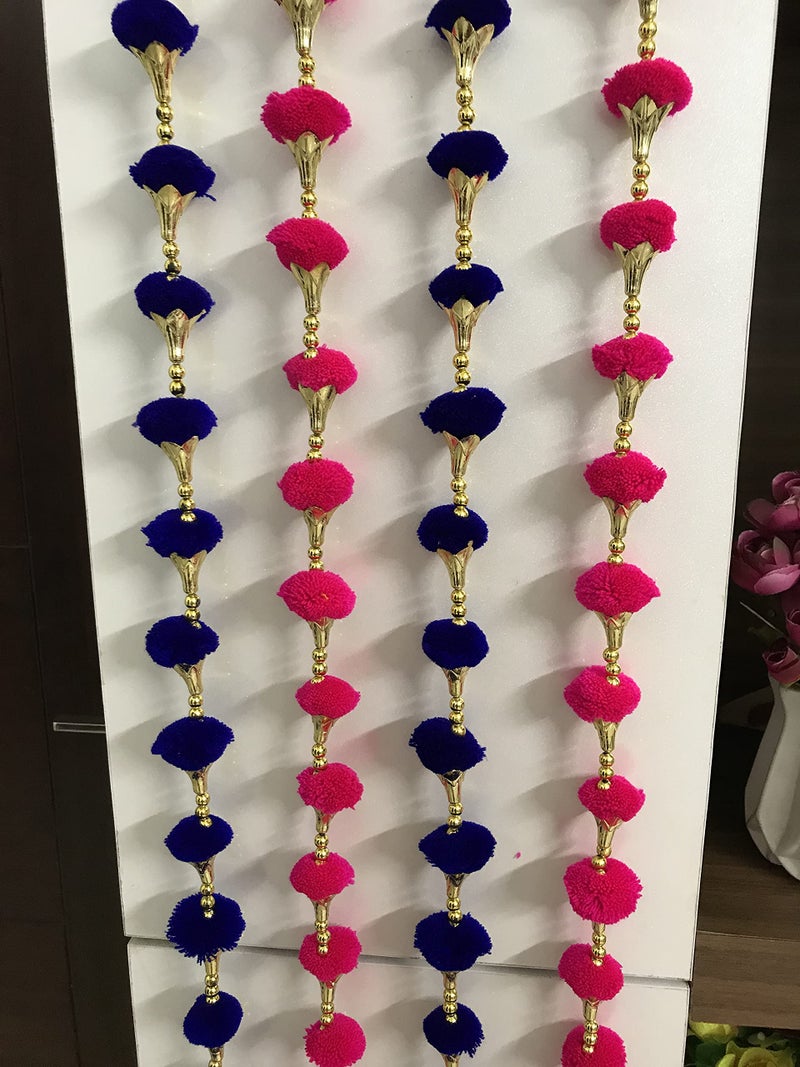 Aahum Handmade Wall Door DarkPink and BlueColor PomPom StringToranGolden BeadsTriangle FlowersHangingToransGarland Bandhwar Decoration Itemfor HomeDécor Diwali Festival,Navratri,Wedding(4FT 8 Strings) - Image 4