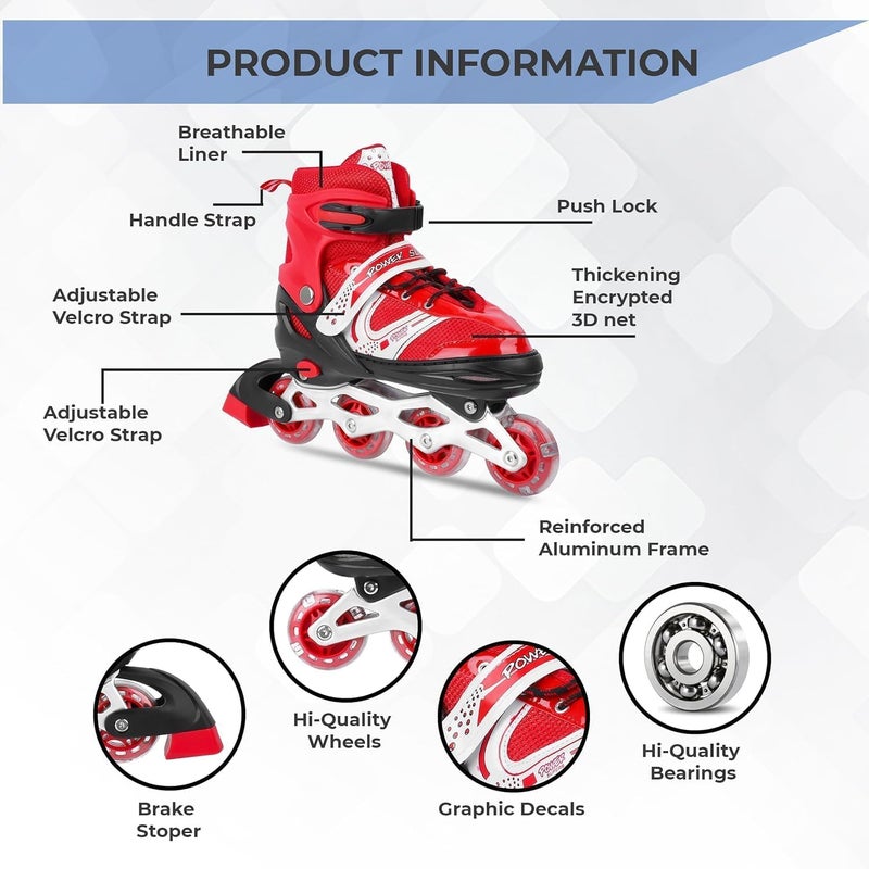 Qwick Click Inline Skates with Pu Flashing Wheel Aluminum Body in-Line Skates with Size Adjustable with Led Flash Lights Set for Boys Kids & Girls Length for Age 8-20 Years (Pink) (Red) - Image 5