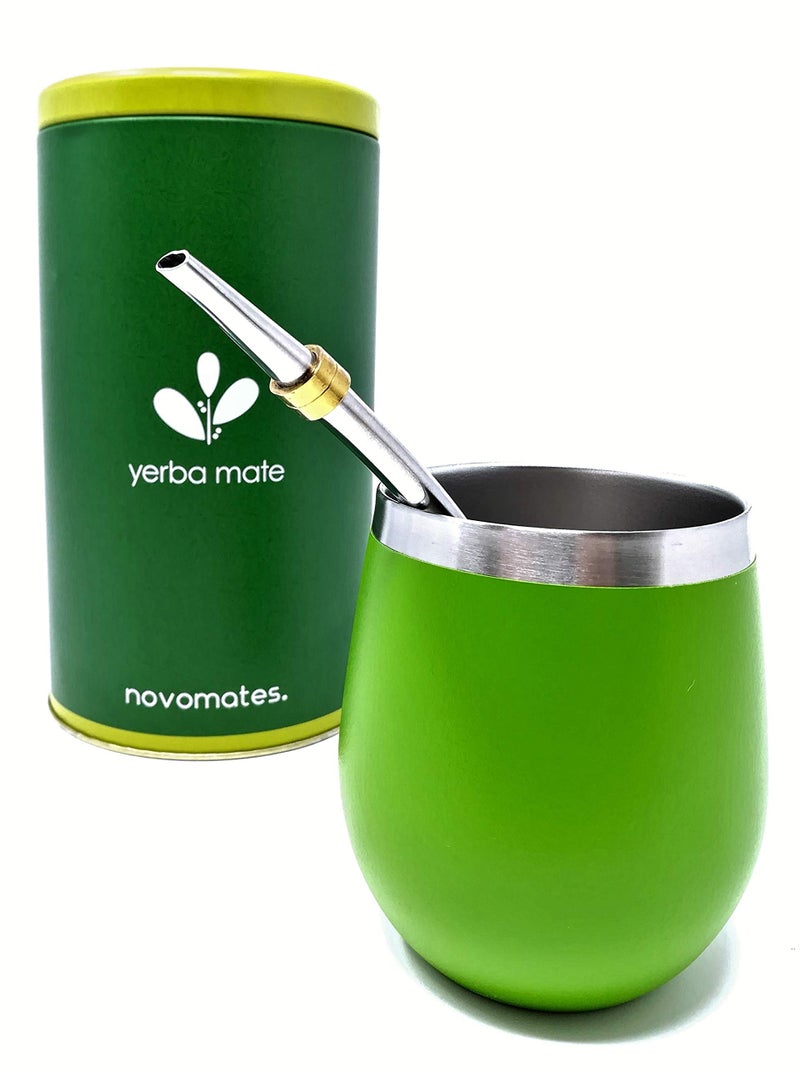 Organic Deal Novomates Yerba Mate Gourd Set  Double Wall Stainless Steel Cup with Stanley Steel Bombilla Straw and Yerba Container  8oz 237ml Green 