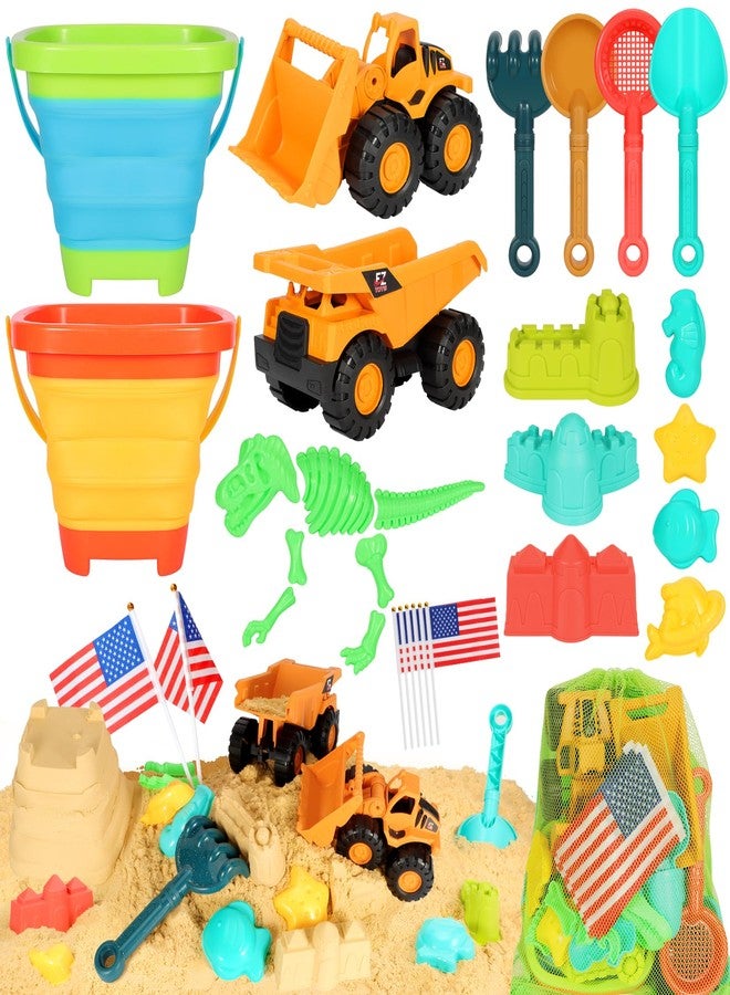 HUITEM Beach Sand Toys for Kids, 29PCS Sandbox Toys with 2 Collapsible Bucket Sand, 2 Dump Truck, Dinosaur Molds, Castle Building Kit, Shovel Sieve,Flags,Mesh Bag Travel Beach Toys for Toddler 3-10 - Image 1