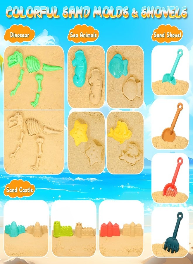 HUITEM Beach Sand Toys for Kids, 29PCS Sandbox Toys with 2 Collapsible Bucket Sand, 2 Dump Truck, Dinosaur Molds, Castle Building Kit, Shovel Sieve,Flags,Mesh Bag Travel Beach Toys for Toddler 3-10 - Image 4
