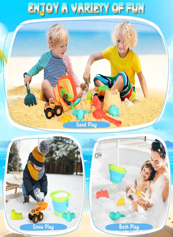 HUITEM Beach Sand Toys for Kids, 29PCS Sandbox Toys with 2 Collapsible Bucket Sand, 2 Dump Truck, Dinosaur Molds, Castle Building Kit, Shovel Sieve,Flags,Mesh Bag Travel Beach Toys for Toddler 3-10 - Image 5