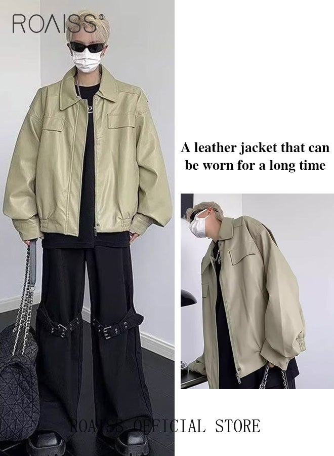 roaiss Men Faux Leather Jacket Autumn Fashion Vintage Classic Solid Coats Turn-down Collar Loose Motorcycle Jacket for Men - Image 4