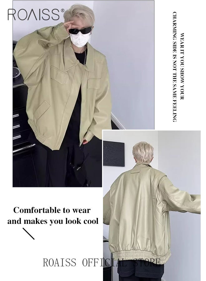 roaiss Men Faux Leather Jacket Autumn Fashion Vintage Classic Solid Coats Turn-down Collar Loose Motorcycle Jacket for Men - Image 3