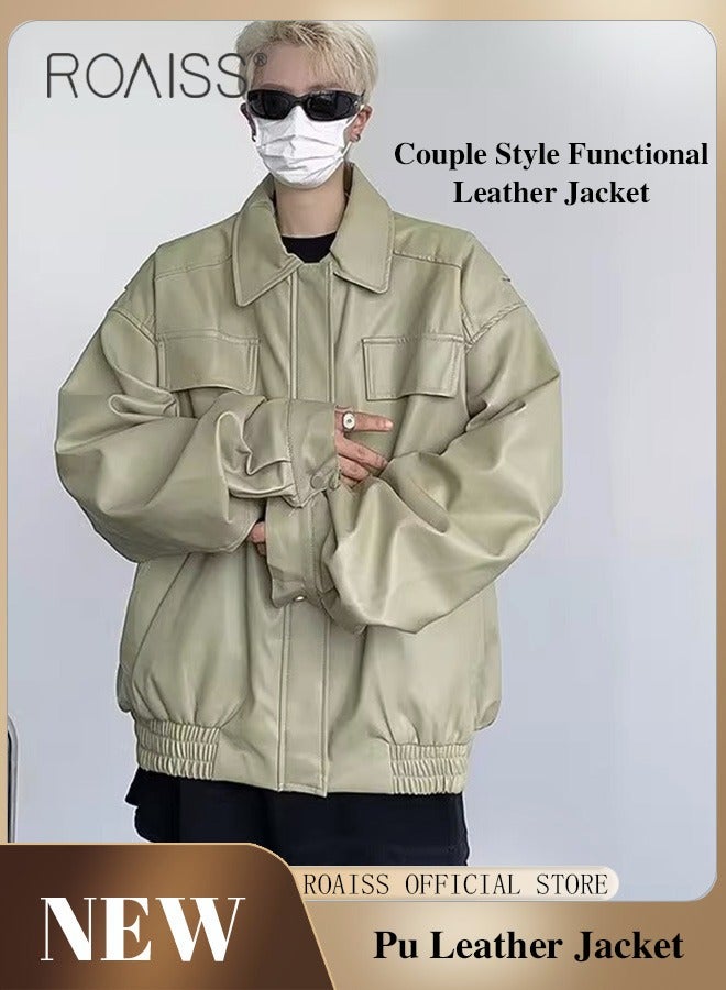 roaiss Men Faux Leather Jacket Autumn Fashion Vintage Classic Solid Coats Turn-down Collar Loose Motorcycle Jacket for Men - Image 1
