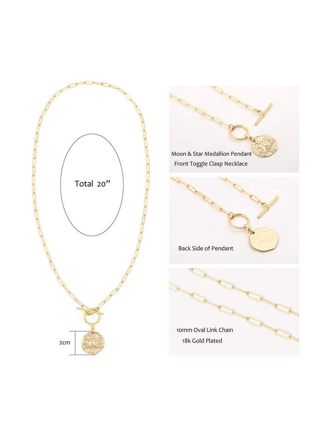 Aobei Pearl Aobei Pearl Moon and Star Medallion Pendant Necklace 18k Gold Oval Link Chain Choker Large Celestial Charm Layering Jewelry 20’’  - Image 3