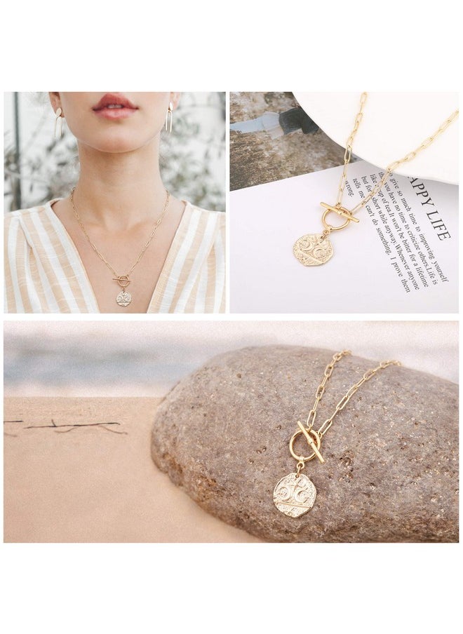 Aobei Pearl Aobei Pearl Moon and Star Medallion Pendant Necklace 18k Gold Oval Link Chain Choker Large Celestial Charm Layering Jewelry 20’’  - Image 5