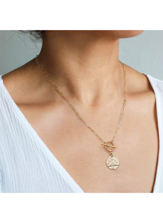 Aobei Pearl Aobei Pearl Moon and Star Medallion Pendant Necklace 18k Gold Oval Link Chain Choker Large Celestial Charm Layering Jewelry 20’’  - Image 4