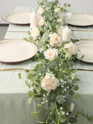 Anna's Whimsy Annas Whimsy 591FT Artificial Eucalyptus Greenery with Flowers Fake Rose Gypsophila for Wedding Spring Home Party Decor - Image 1