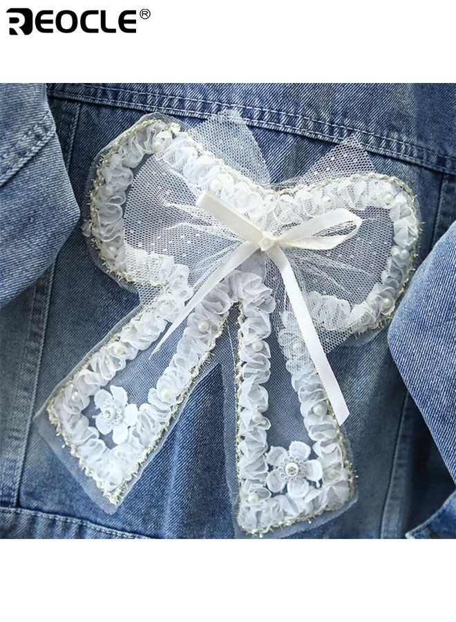 ريوكل سترة جينز للبنات بتصميم زهور ثلاثي الأبعاد وبناء جينز كلاسيكي سترة عادية بتفاصيل مزينة لارتدائها في الربيع والخريف - Image 5