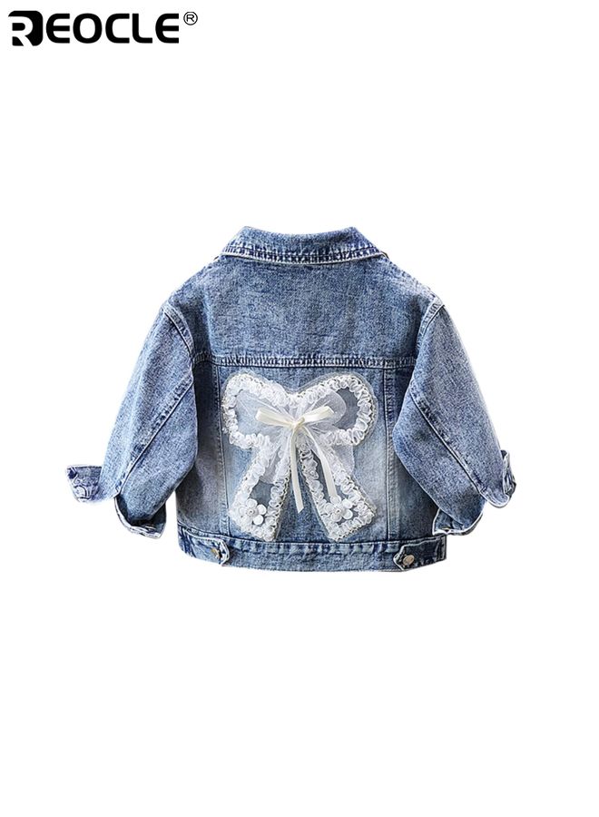 ريوكل سترة جينز للبنات بتصميم زهور ثلاثي الأبعاد وبناء جينز كلاسيكي سترة عادية بتفاصيل مزينة لارتدائها في الربيع والخريف - Image 1