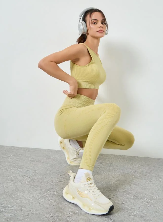 Styli Active Yellow Tonal Jacquard Low Back Sports Bra and Leggings Set